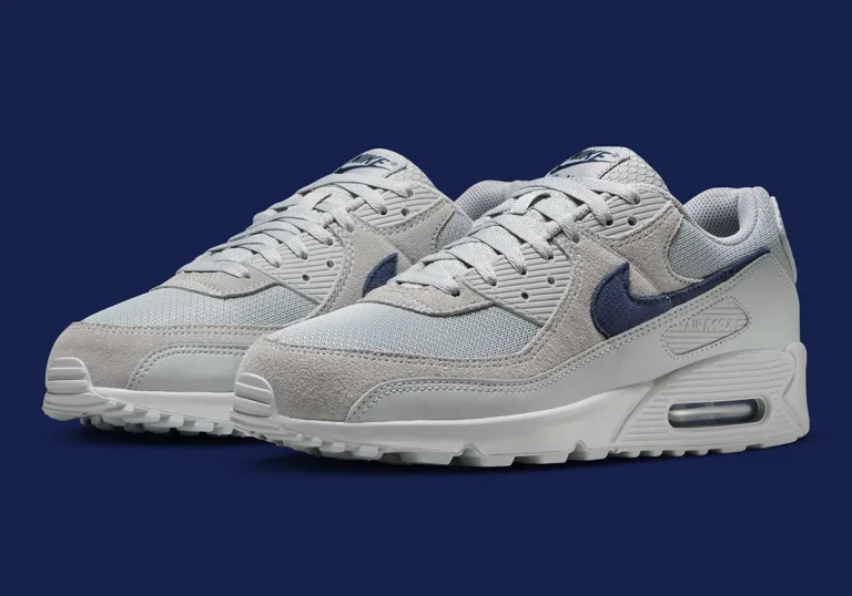 Nike Air Max 90 Wolf Grey/Midnight Navy mira torcedores de azul-marinho e cinza