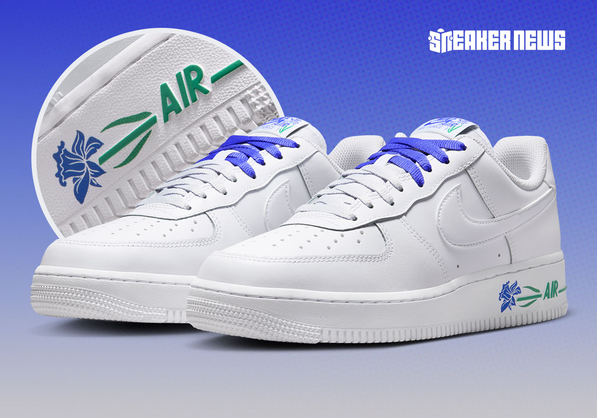 Nike Air Force 1 Low Persian Violet traz flor em relevo e duplo cadarço