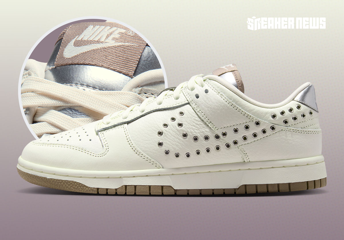 Nike Dunk Low Sail Mink Brown Metallic Silver ganha Swoosh perfurado em metal