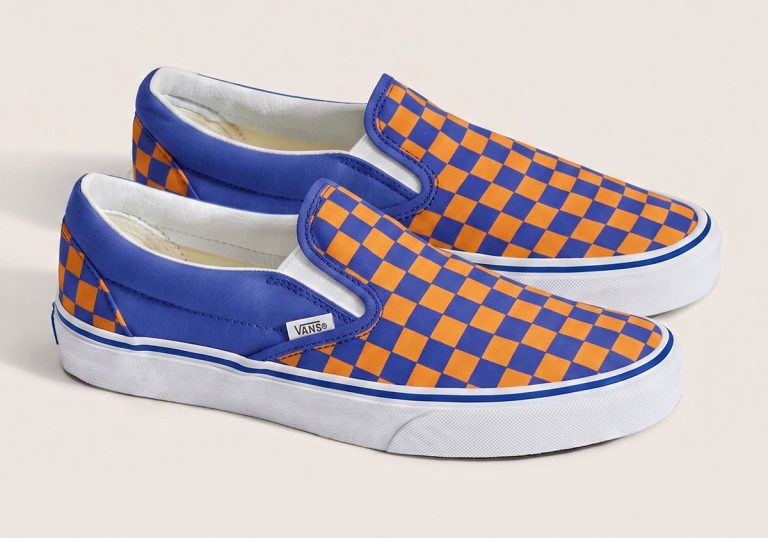 Vans Checkerboard Slip-On azul e laranja celebra New York Knicks